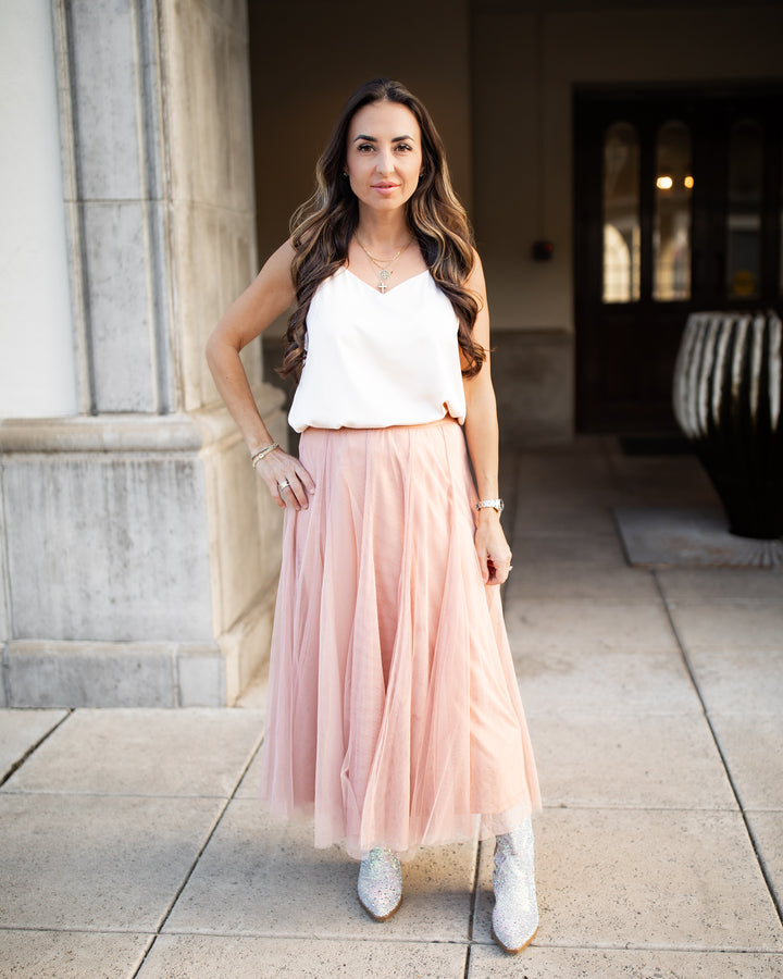 The Mina Flowing Tulle Midi Skirt - Blush