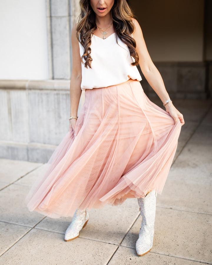 The Mina Flowing Tulle Midi Skirt - Blush