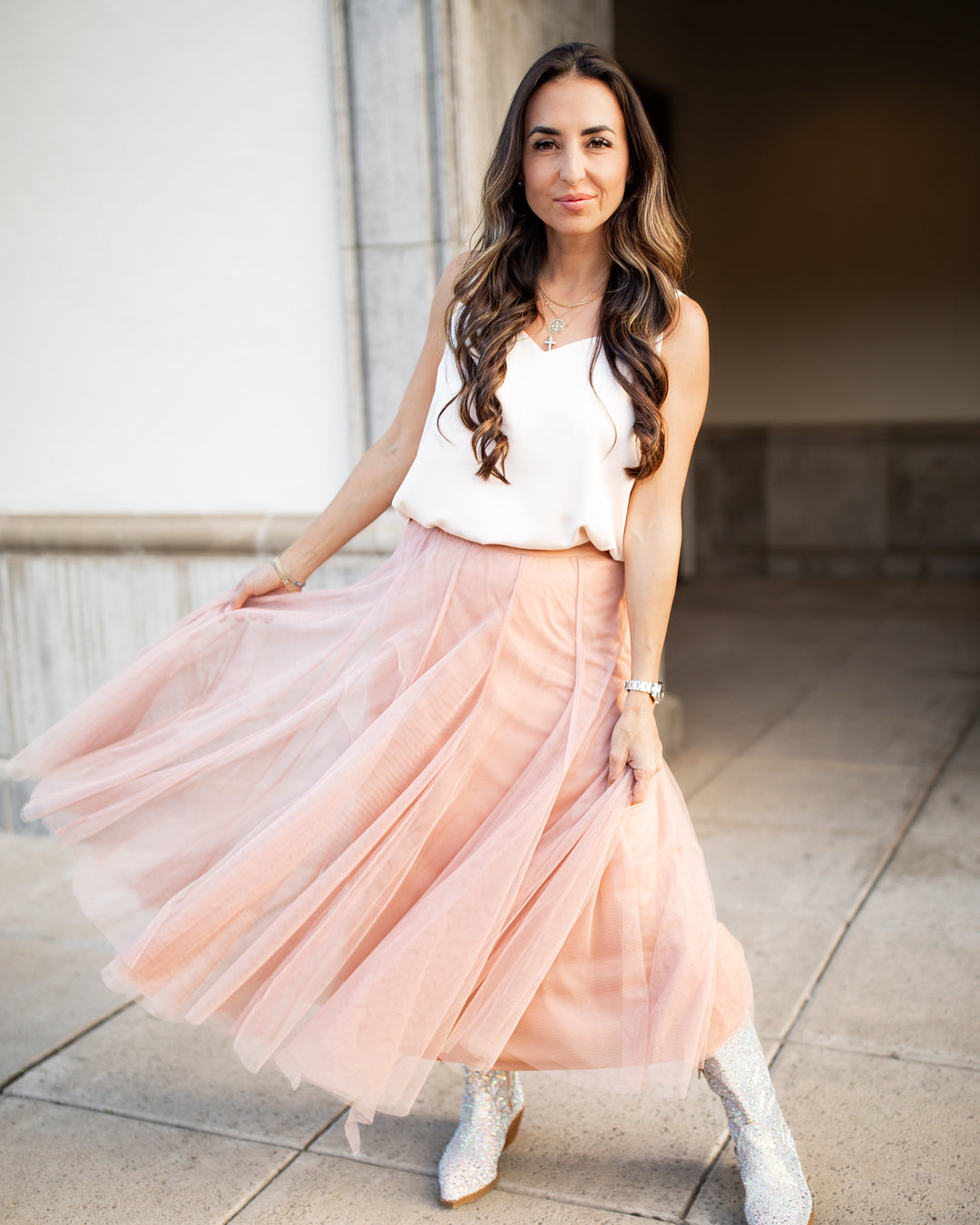 The Mina Flowing Tulle Midi Skirt - Blush