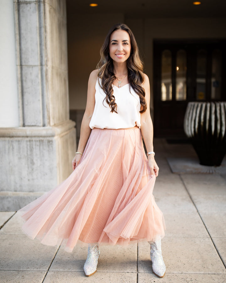 The Mina Flowing Tulle Midi Skirt - Blush