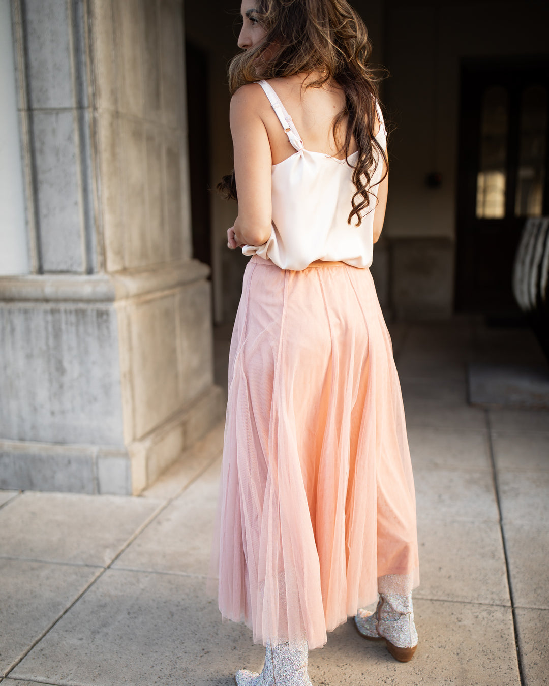 The Mina Flowing Tulle Midi Skirt - Blush