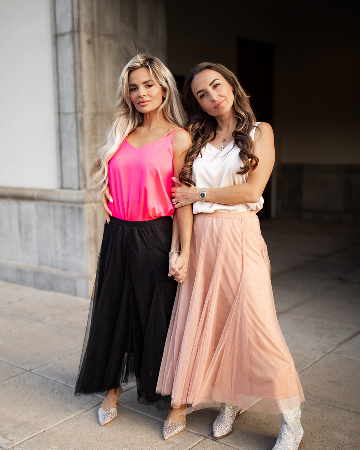 The Mina Flowing Tulle Midi Skirt - Blush