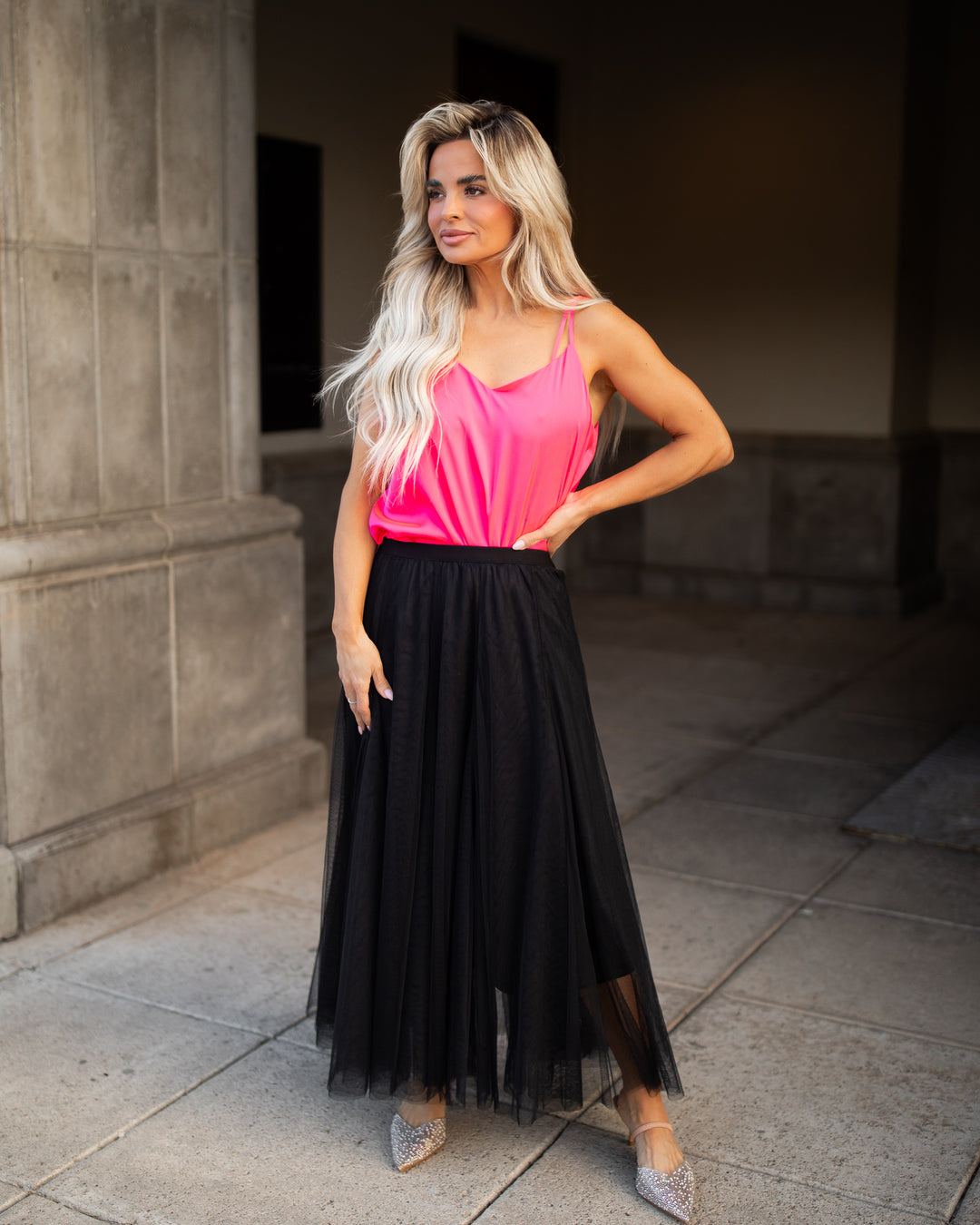 The Mina Flowing Tulle Midi Skirt - Black