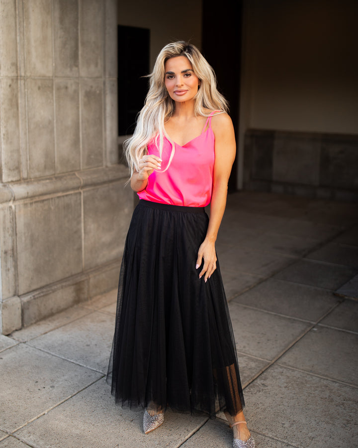 The Mina Flowing Tulle Midi Skirt - Black