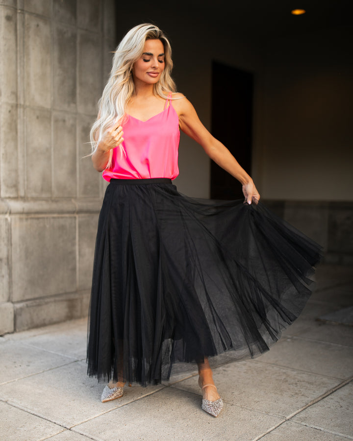 The Mina Flowing Tulle Midi Skirt - Black