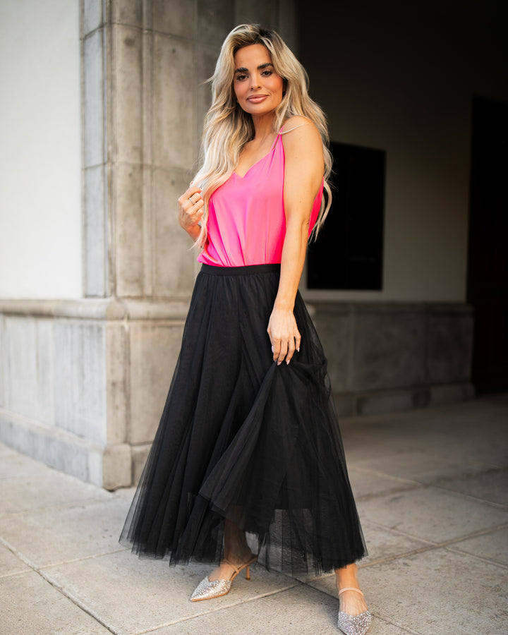 The Mina Flowing Tulle Midi Skirt - Black