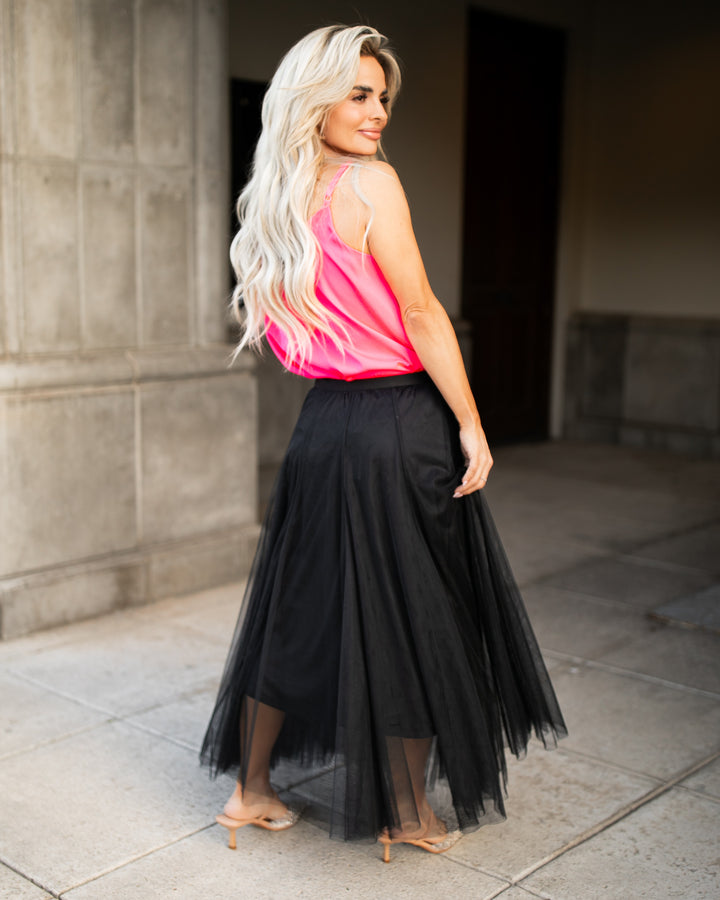 The Mina Flowing Tulle Midi Skirt - Black