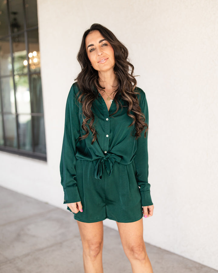 The Sienna Satin Romper - Hunter Green