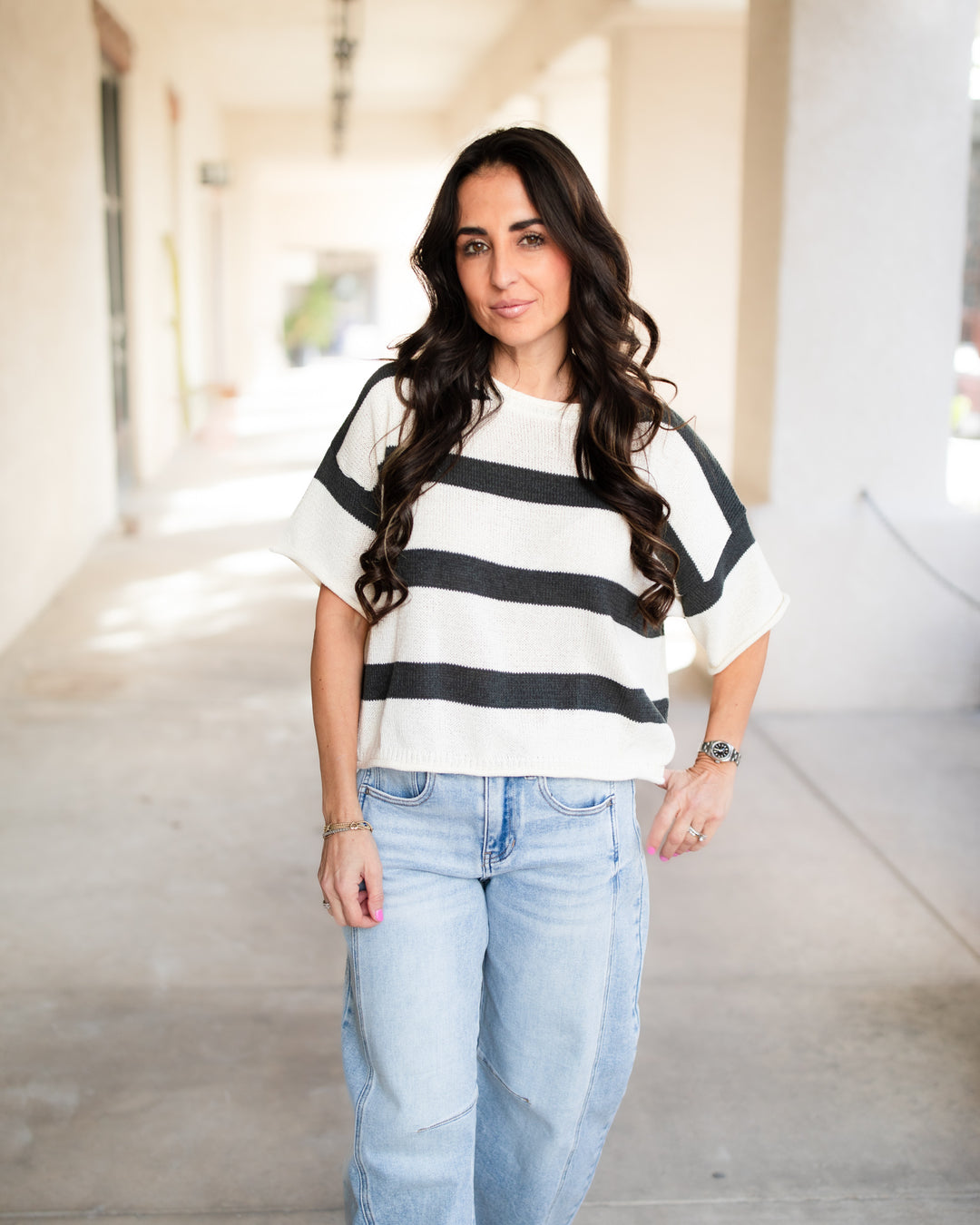 The Striped Cropped Sweater Top - Carbon
