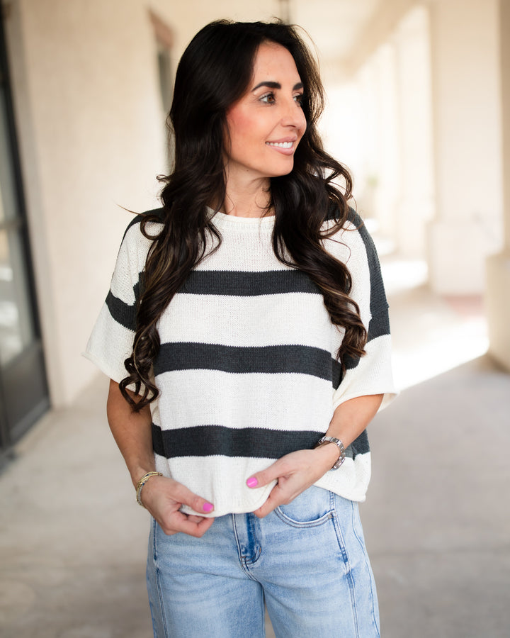 The Striped Cropped Sweater Top - Carbon