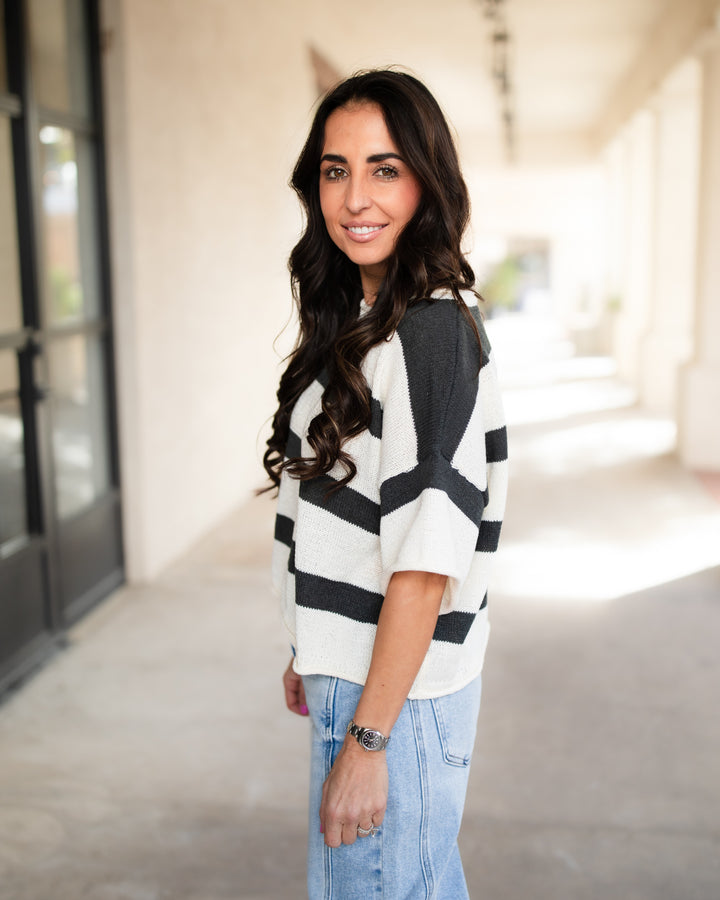The Striped Cropped Sweater Top - Carbon