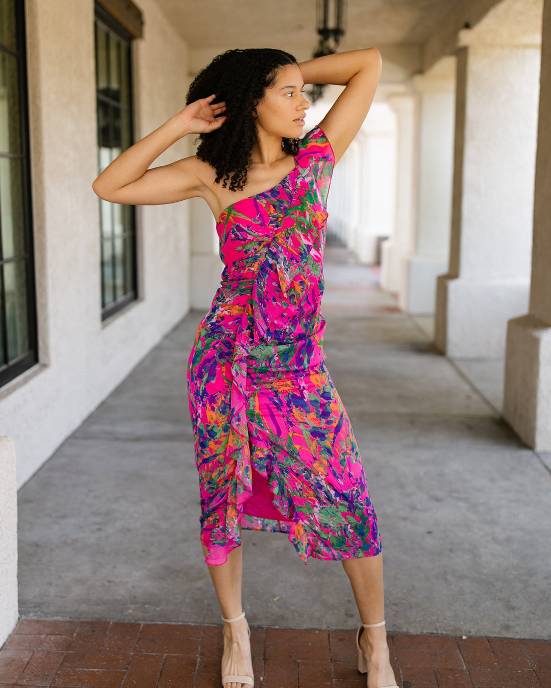 Magenta One Shoulder Ruffle Dress Magenta One Shoulder Ruffle Dress