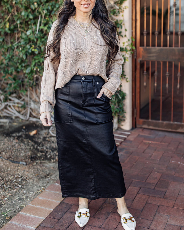 The Coated Asphalt High Waist Midi Skirt by Daze Denim