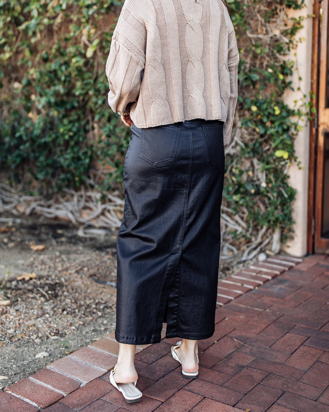 The Coated Asphalt High Waist Midi Skirt by Daze Denim