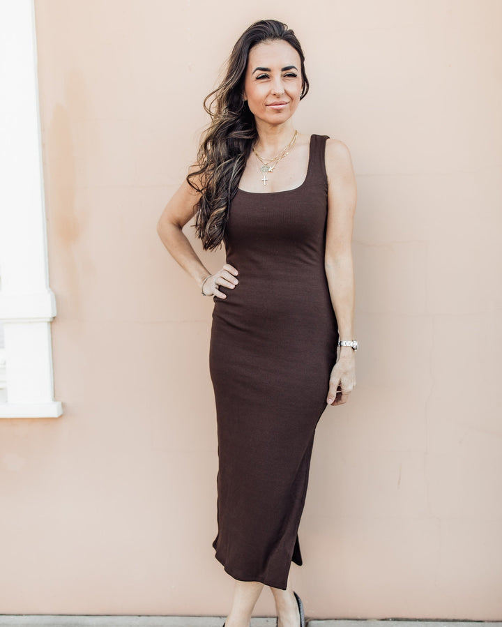 The Rachel Ribbed Tank Midi Dress - Umber