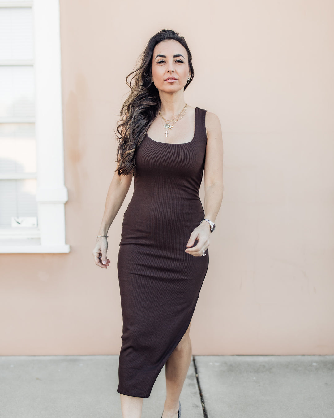 The Rachel Ribbed Tank Midi Dress - Umber