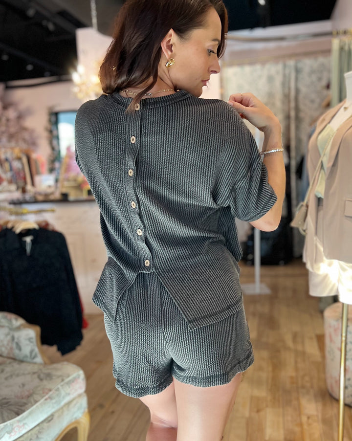 Mara Waffle Knit Top – Charcoal Grey