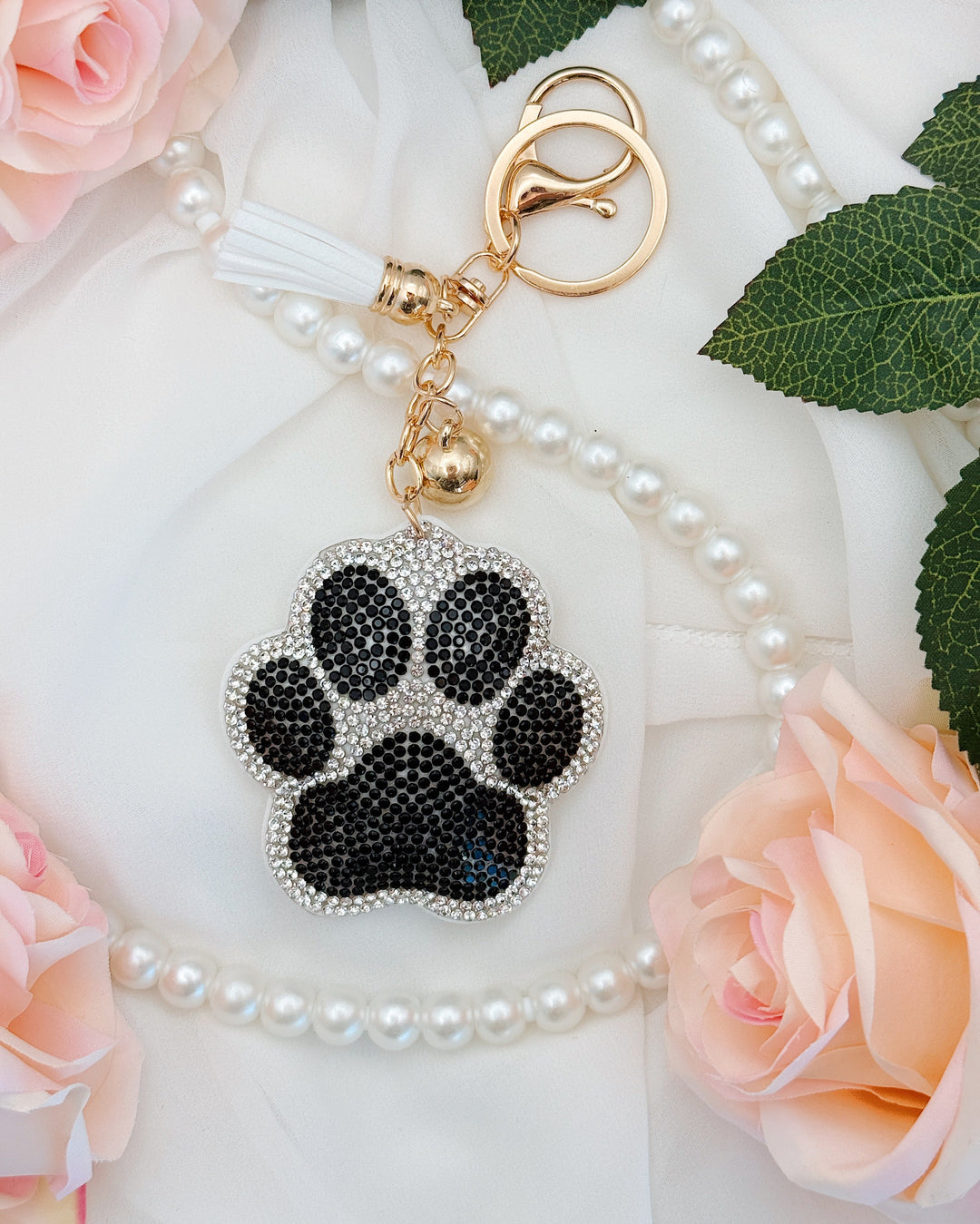 Paw Print Rhinestone Keychain - White with Black Paw