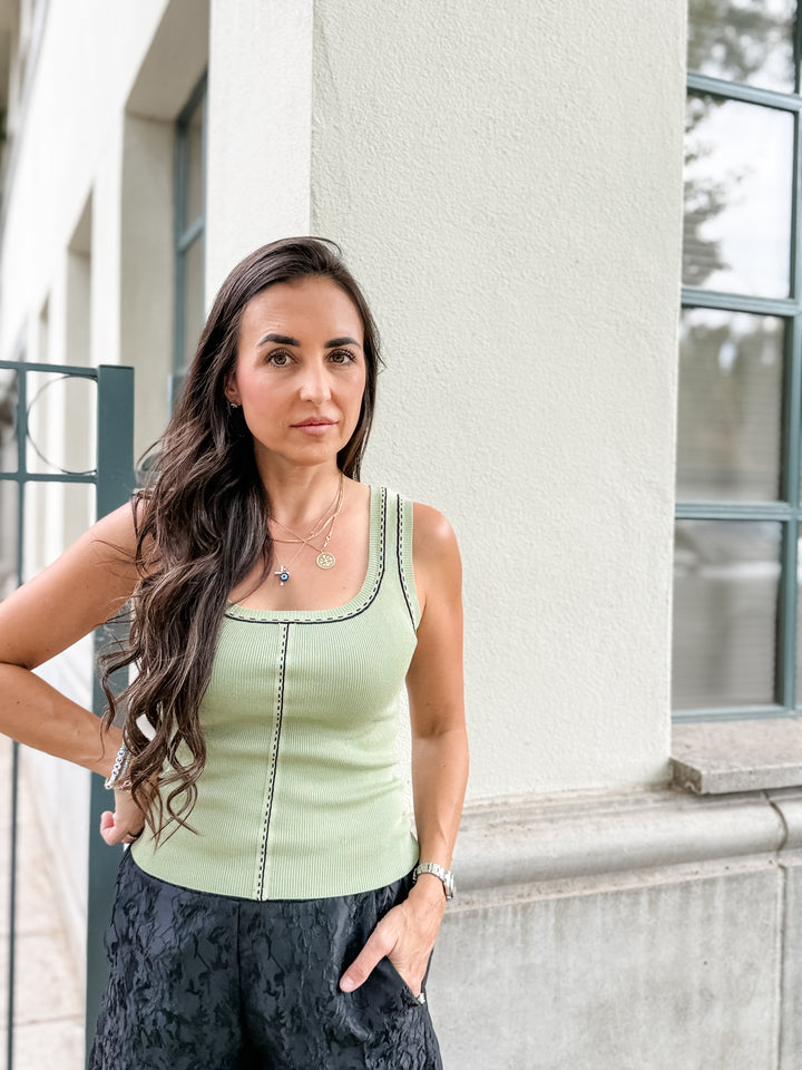 The Nora Contrast Stitch Sweater Tank - Olive