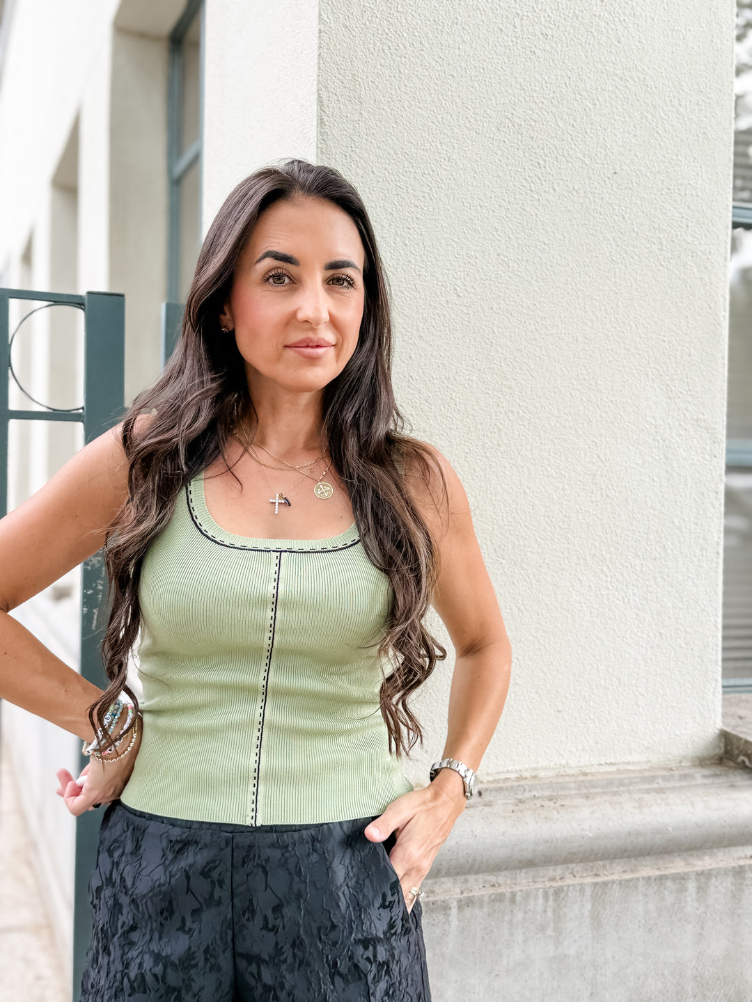 The Nora Contrast Stitch Sweater Tank - Olive