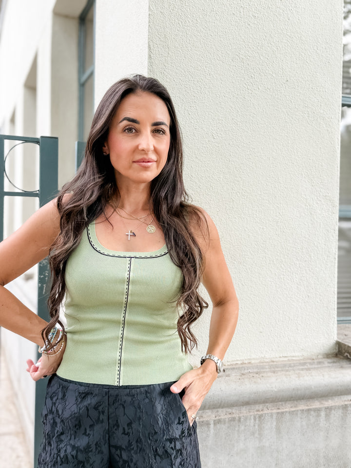 The Nora Contrast Stitch Sweater Tank - Olive