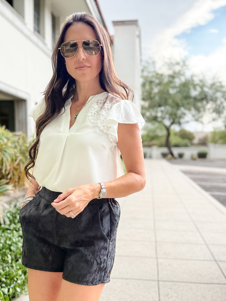 The Riley Lace Ruffle Sleeve V-Neck Blouse - White