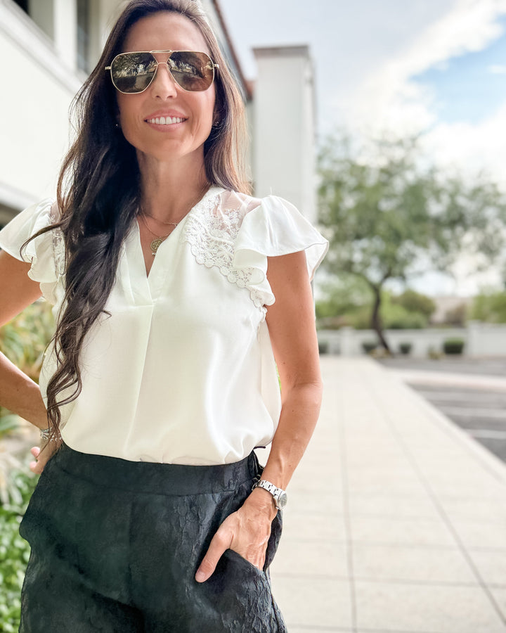 The Riley Lace Ruffle Sleeve V-Neck Blouse - White