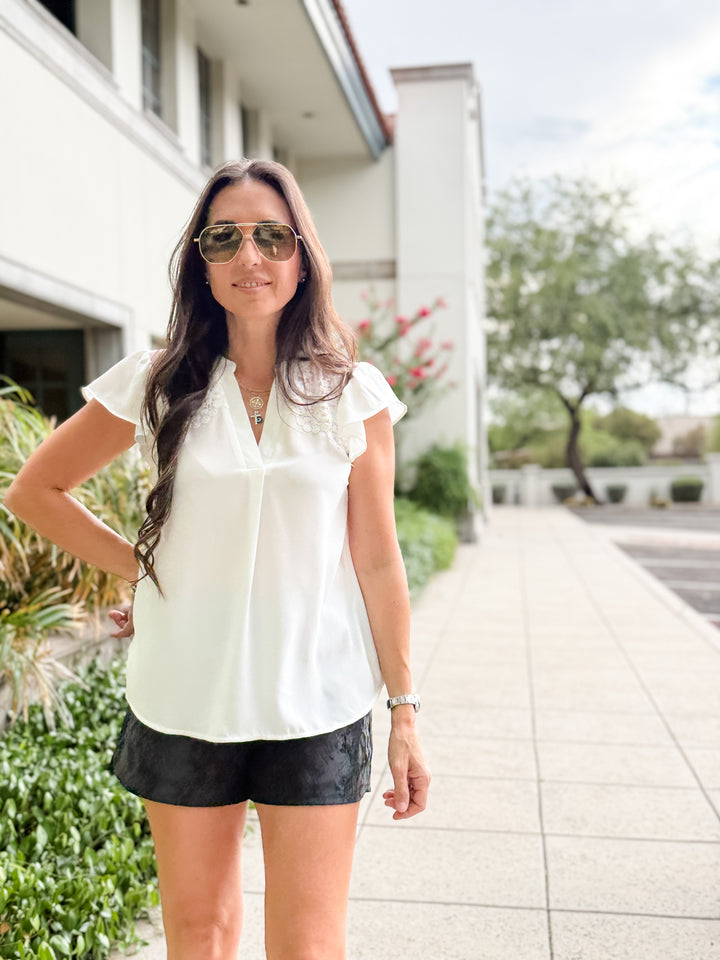The Riley Lace Ruffle Sleeve V-Neck Blouse - White