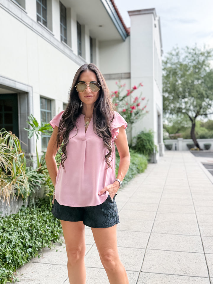The Riley Lace Ruffle Sleeve V-Neck Blouse - Mauve