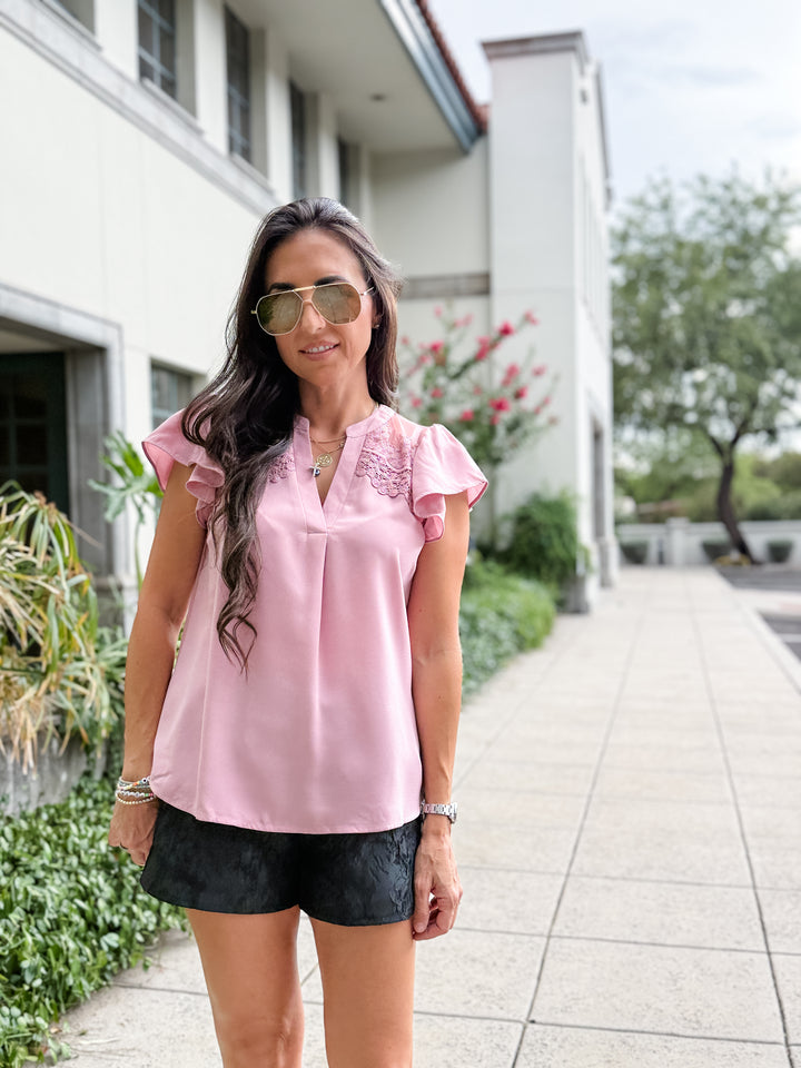 The Riley Lace Ruffle Sleeve V-Neck Blouse - Mauve
