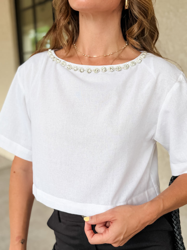 The Bianca Rhinestone Trim Crop Tee