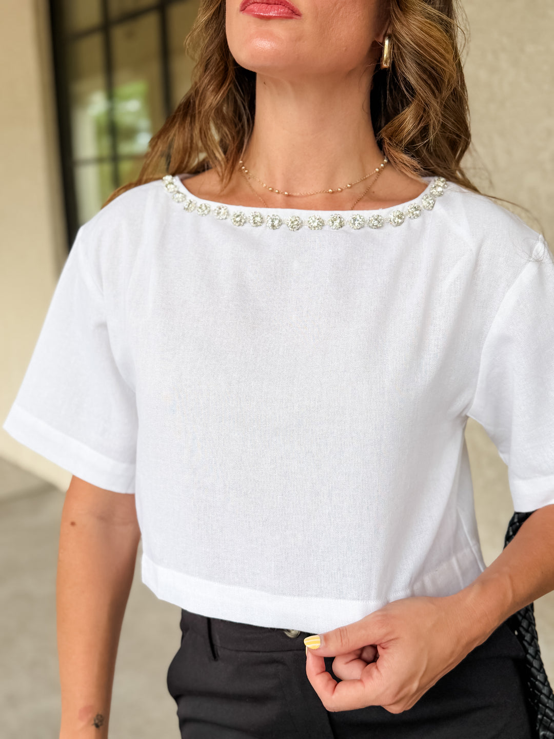 The Bianca Rhinestone Trim Crop Tee