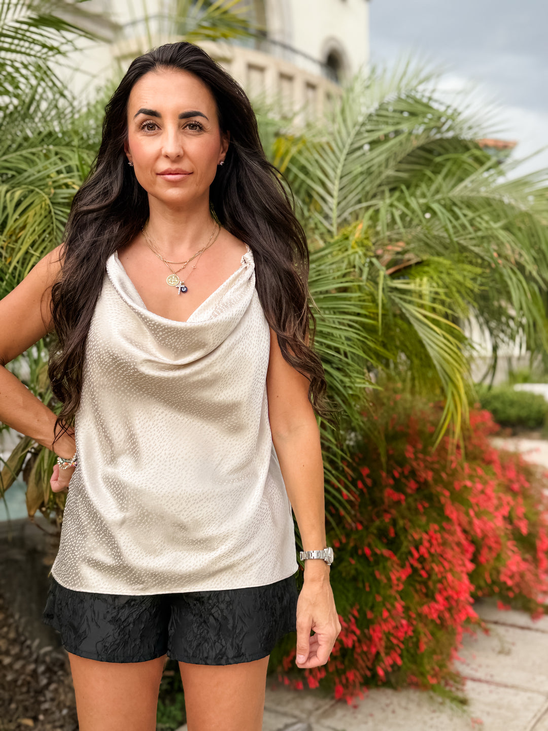The Luxe Cowl Neck Satin Cami Tank - Beige