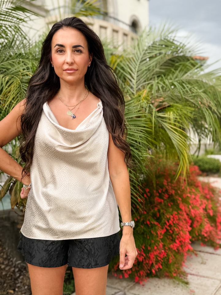 The Luxe Cowl Neck Satin Cami Tank - Beige