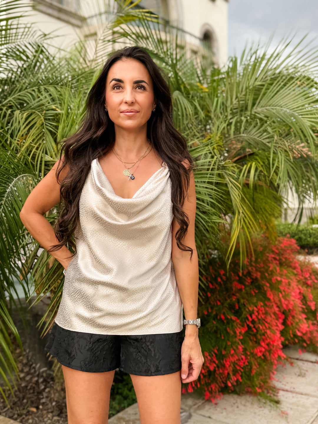 The Luxe Cowl Neck Satin Cami Tank - Beige