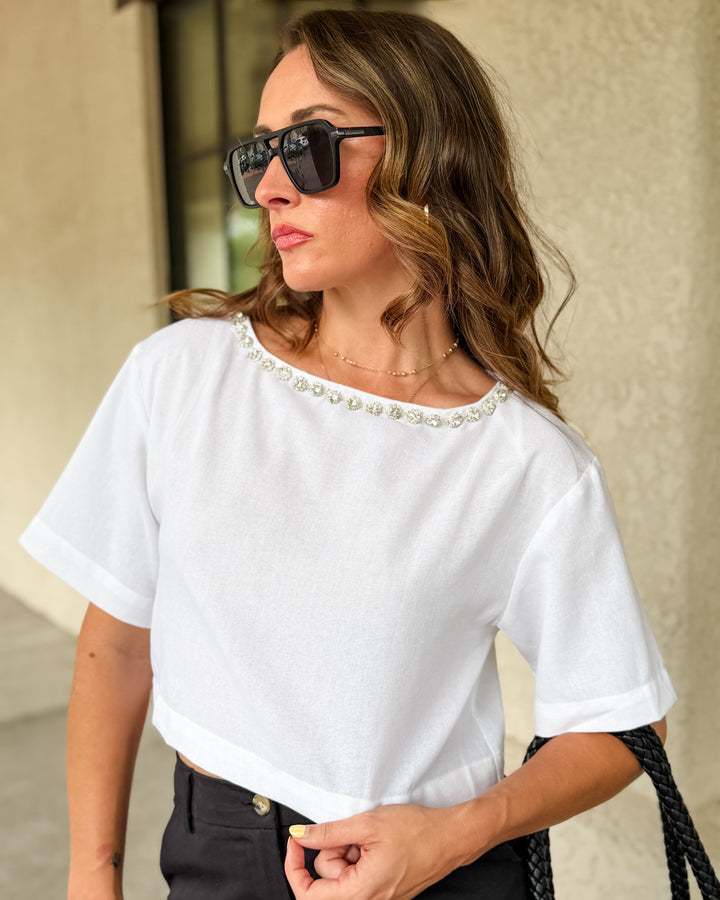 The Bianca Rhinestone Trim Crop Tee