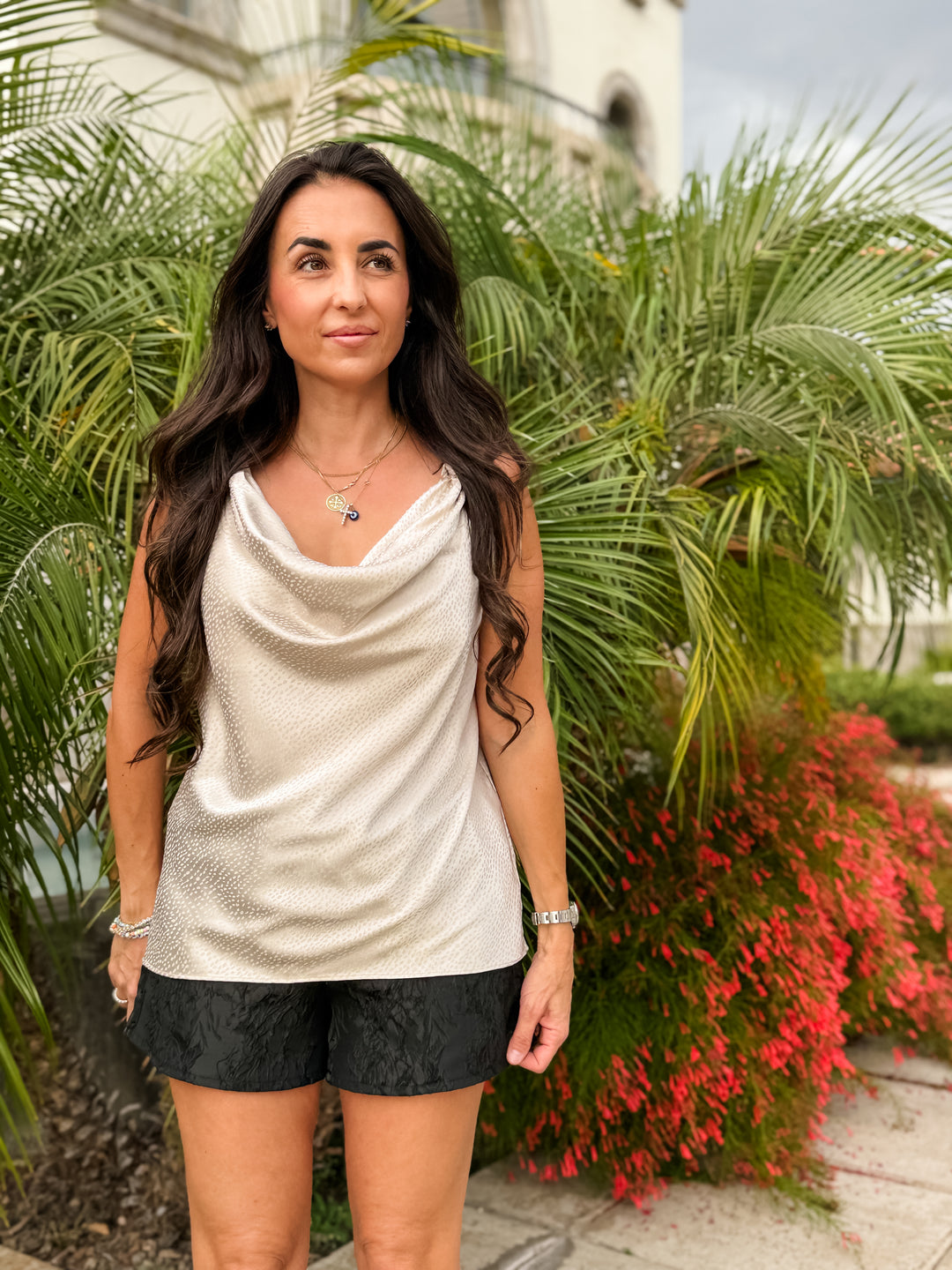 The Luxe Cowl Neck Satin Cami Tank - Beige