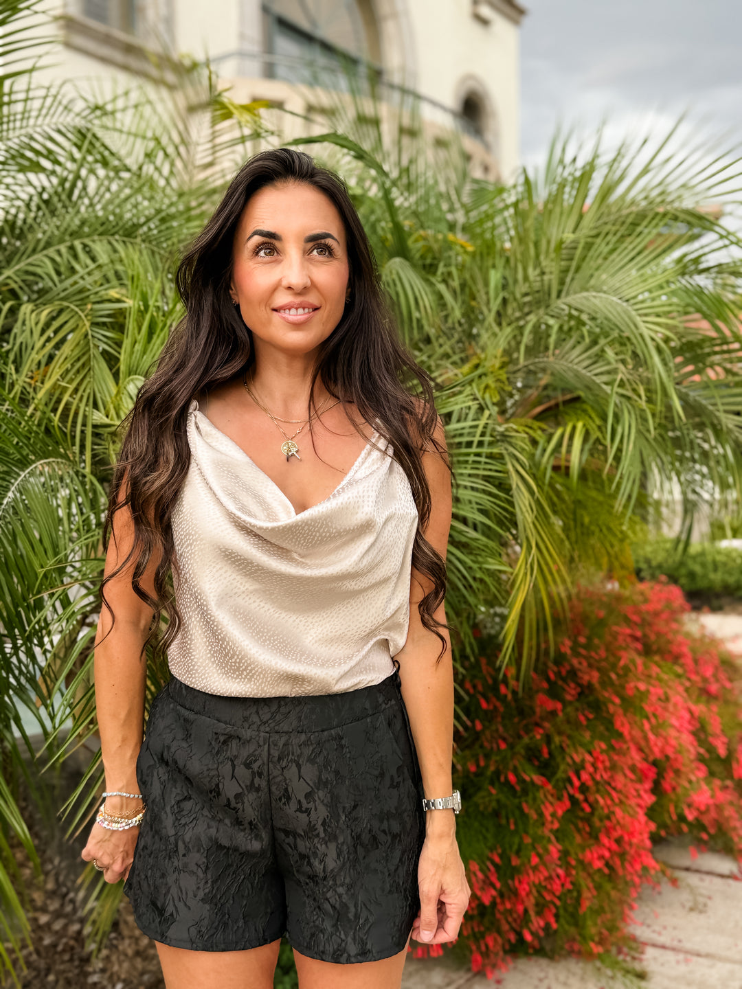 The Luxe Cowl Neck Satin Cami Tank - Beige