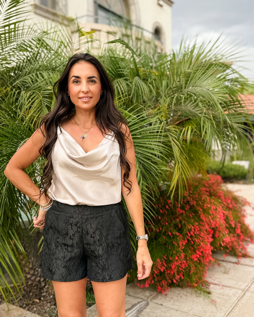 The Luxe Cowl Neck Satin Cami Tank - Beige