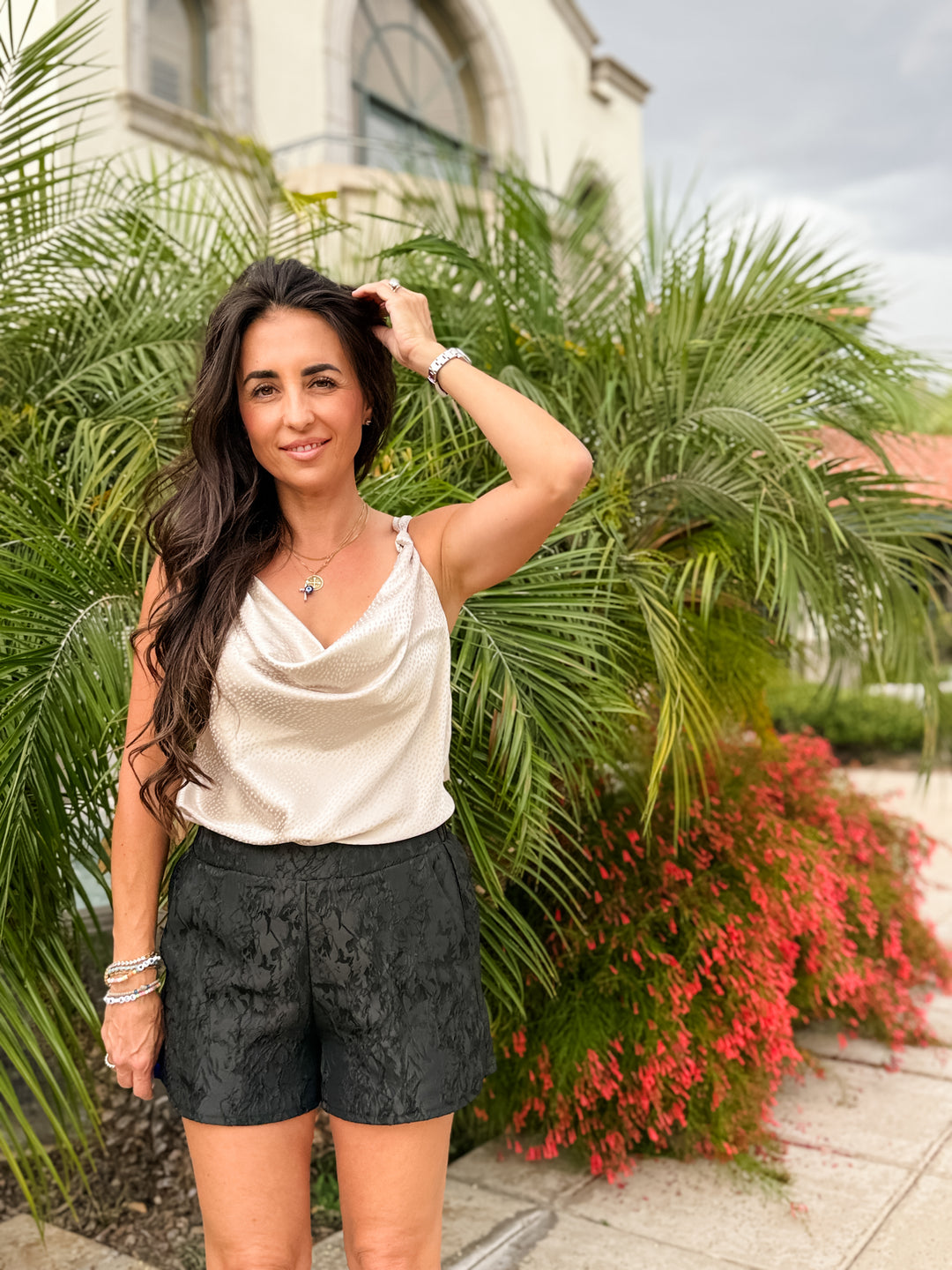 The Luxe Cowl Neck Satin Cami Tank - Beige