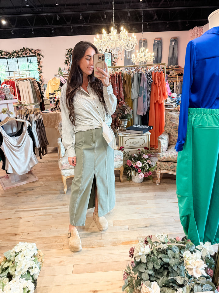 The Celeste Front Slit Denim Maxi Skirt
