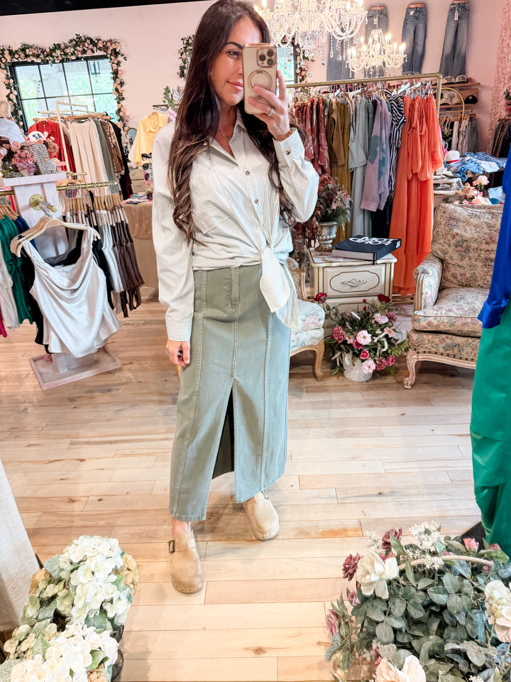 The Celeste Front Slit Denim Maxi Skirt