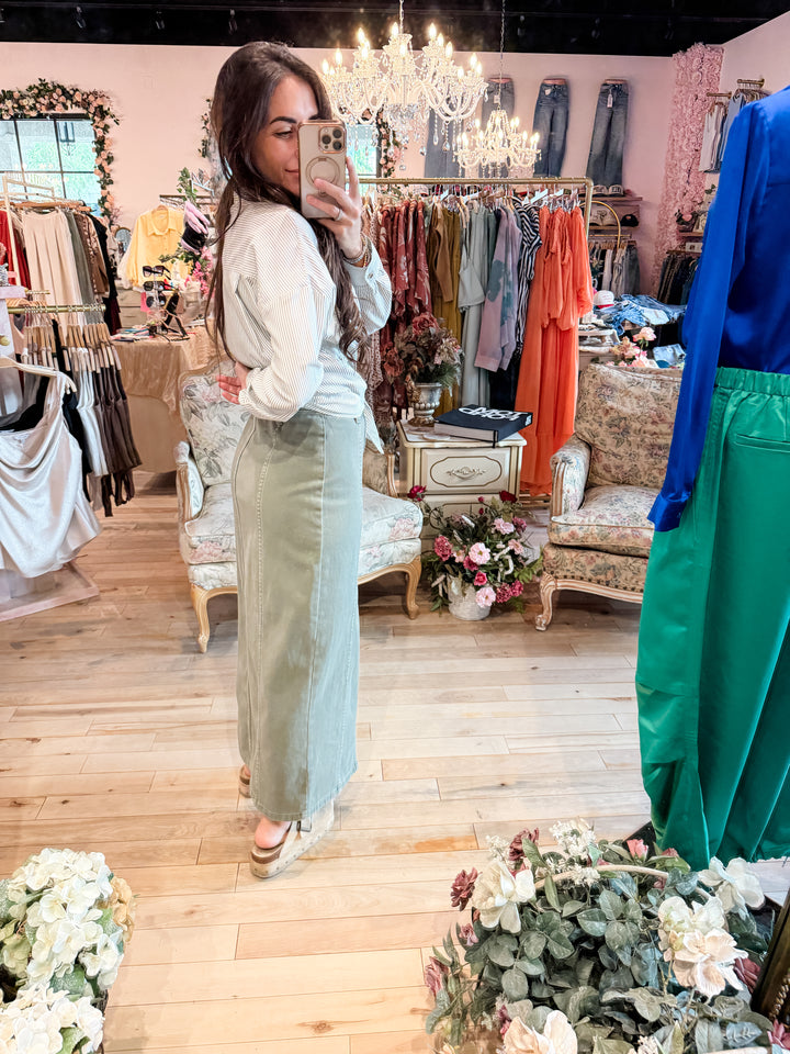 The Celeste Front Slit Denim Maxi Skirt