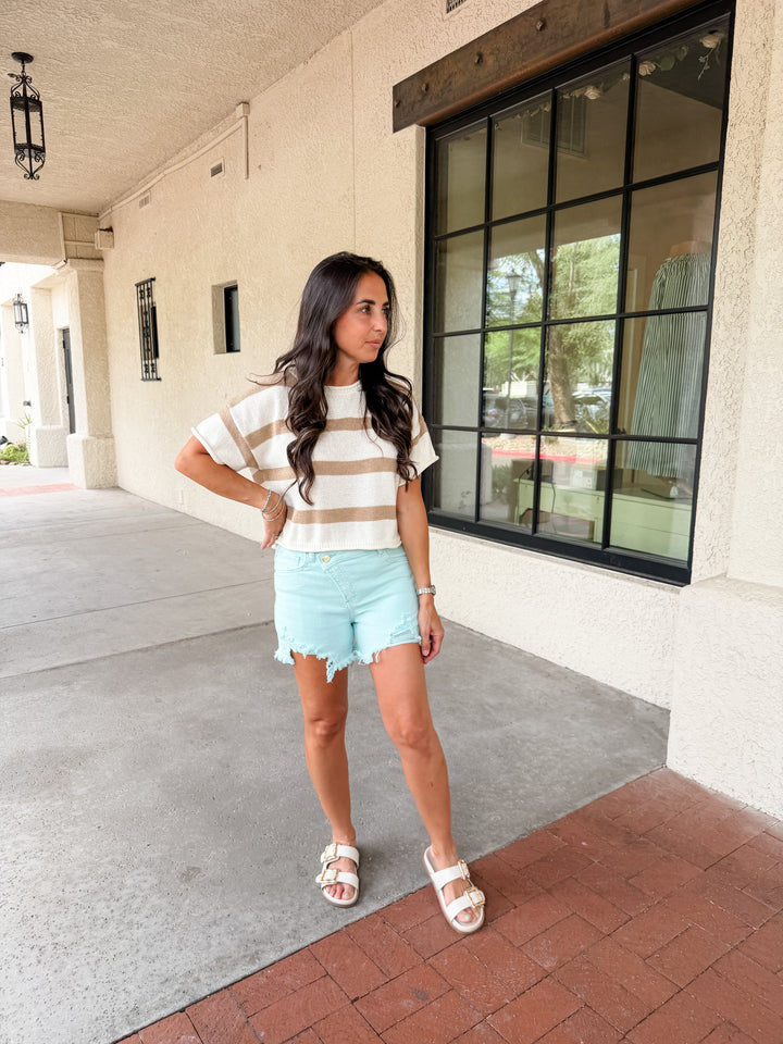 The Striped Cropped Sweater Top - Taupe