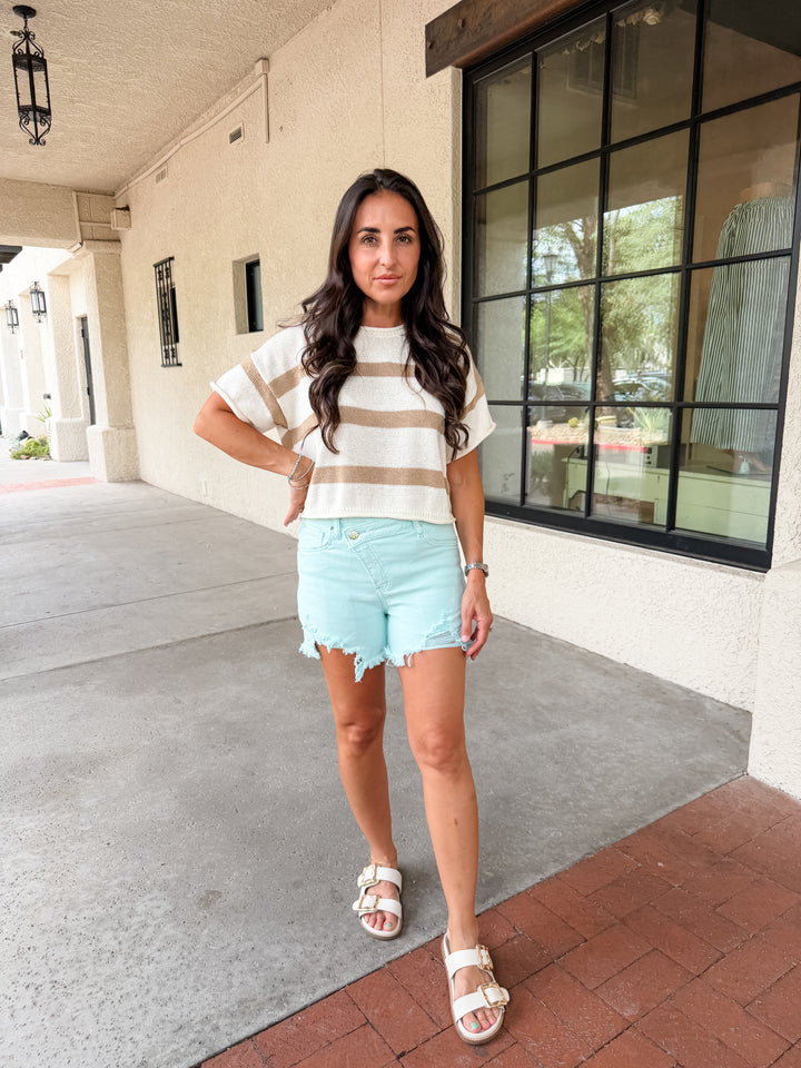 The Striped Cropped Sweater Top - Taupe