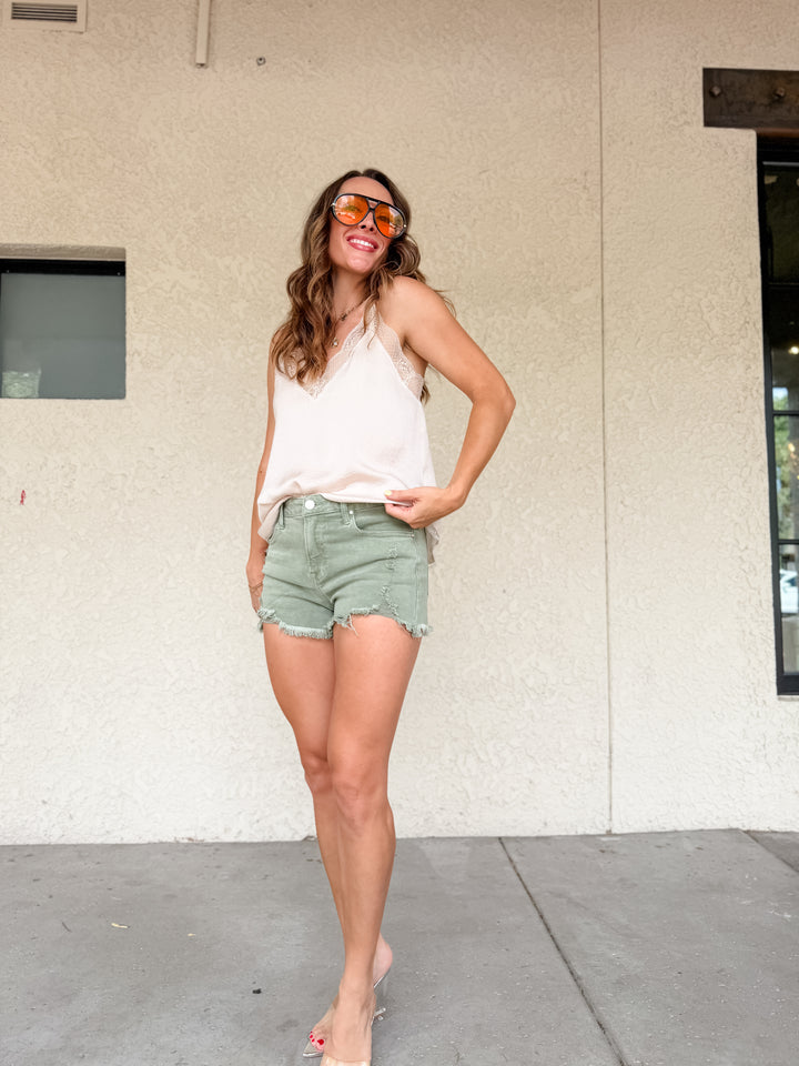 The Jenny Mid Rise Frayed Hem Shorts by Risen