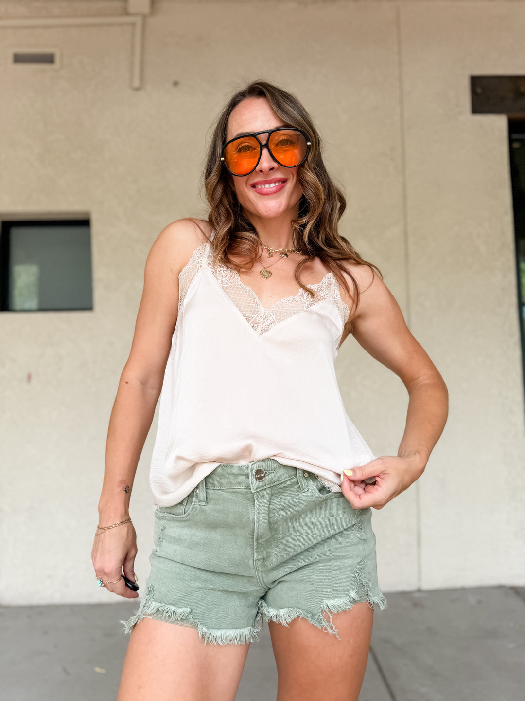 The Vivienne Lace Trim Satin Cami Top - Selenite
