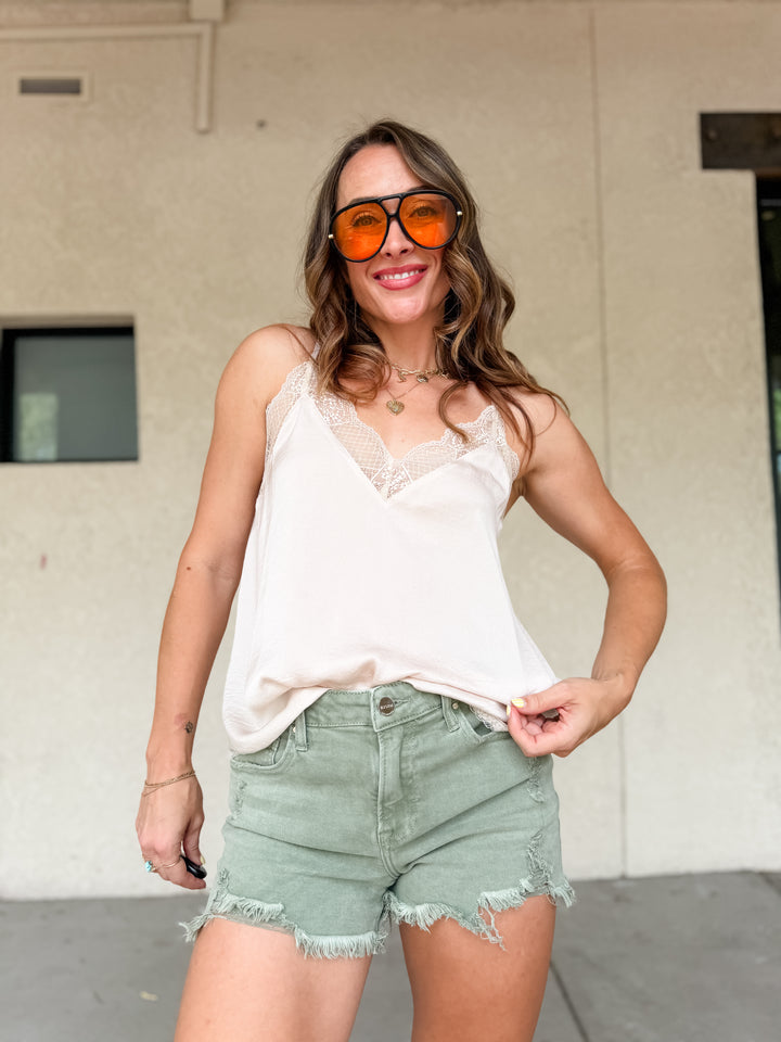 The Vivienne Lace Trim Satin Cami Top - Selenite