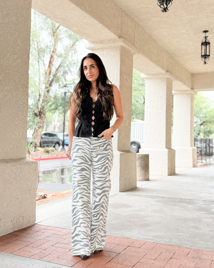 Far Out High Rise Wide in Zebra by Daze Denim