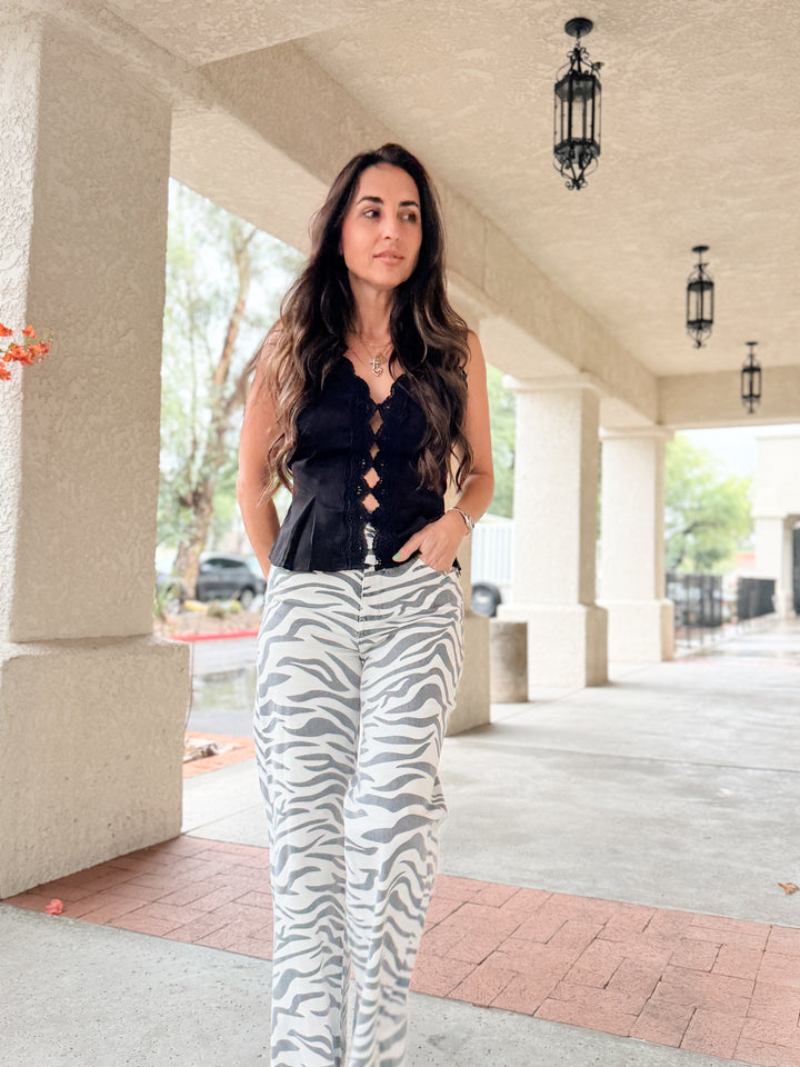 Far Out High Rise Wide in Zebra by Daze Denim